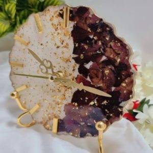 Table Clock with Dried Flowers Preserved with Golden Stand