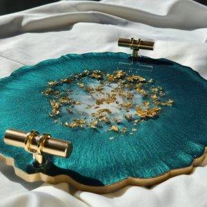 Small Elegant Decorative Epoxy Resin Tray with Gold Handles