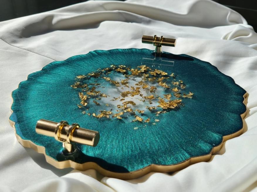 Small Elegant Decorative Epoxy Resin Tray with Gold Handles